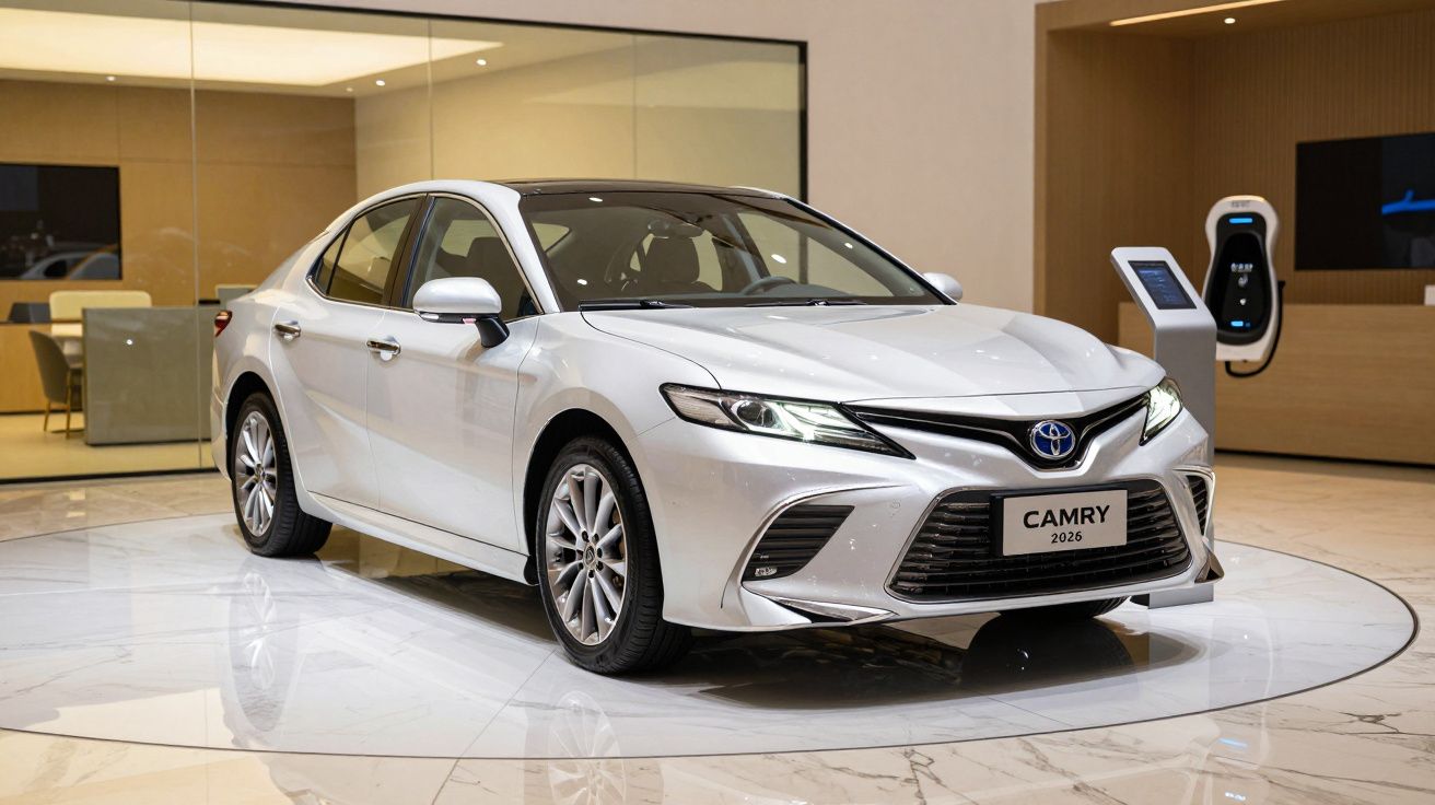 White 2026 Toyota Camry displayed in a modern showroom with a charging station nearby.