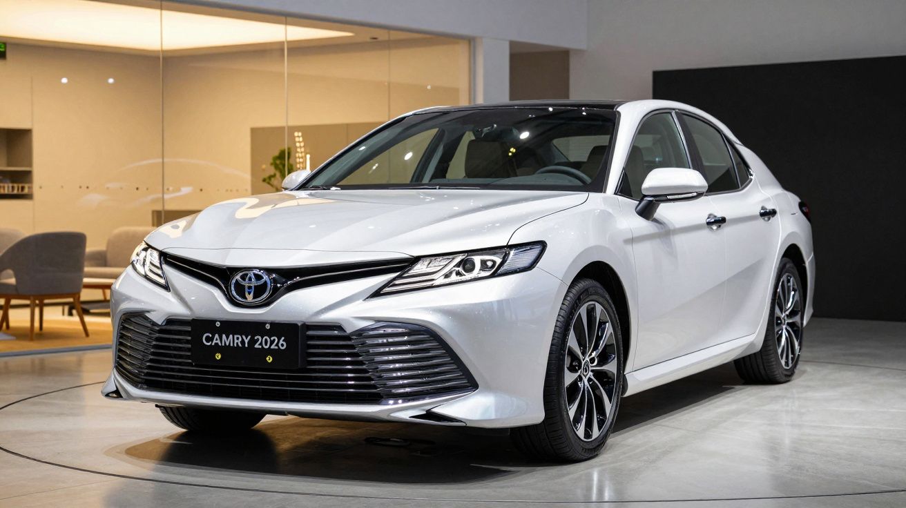 White 2026 Toyota Camry displayed in a modern showroom.