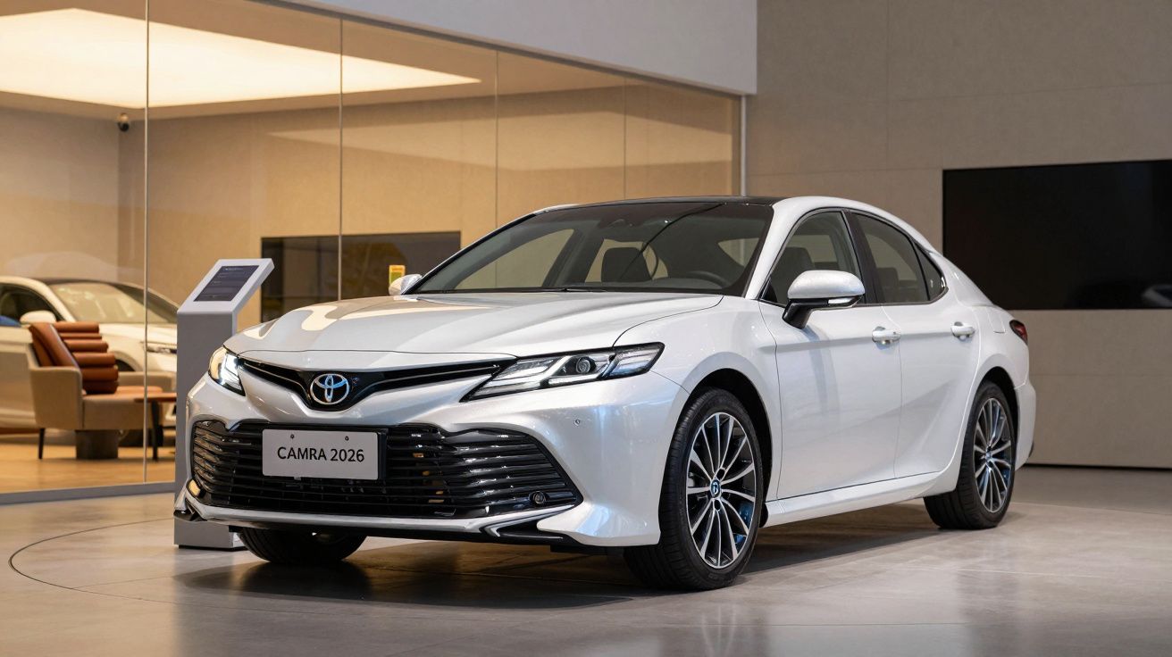 White 2026 Toyota Camry in a showroom with modern design elements and glass walls.