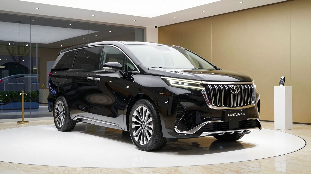 Sleek black minivan with chrome accents on display in a modern showroom.