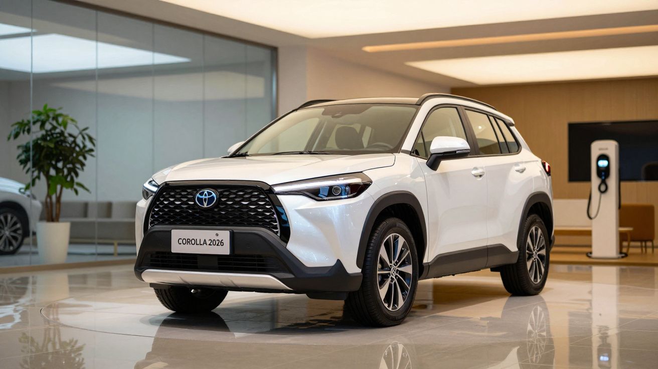 2026 Toyota Corolla SUV in a showroom, white with black trim, electric vehicle charging station visible in the background.