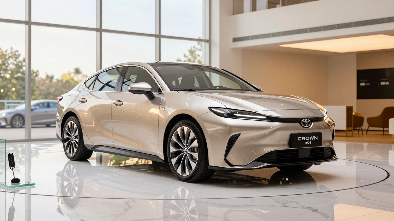 Sleek silver sedan parked in a modern showroom with large windows and stylish interior design.