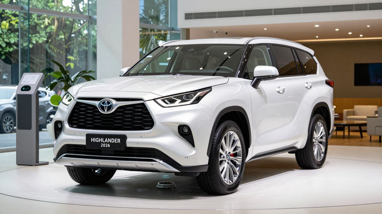 White 2026 Toyota Highlander SUV displayed in a modern showroom with large windows and seating area.