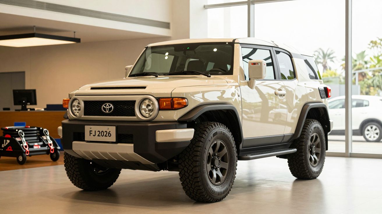 White Toyota FJ Cruiser 2026 model displayed in a showroom with large windows and a vehicle lift in the background.