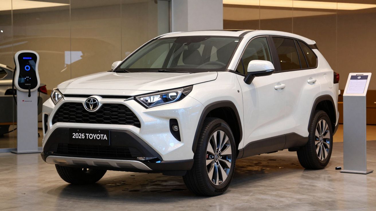 White 2025 Toyota SUV displayed indoors next to a charging station and informational stand.