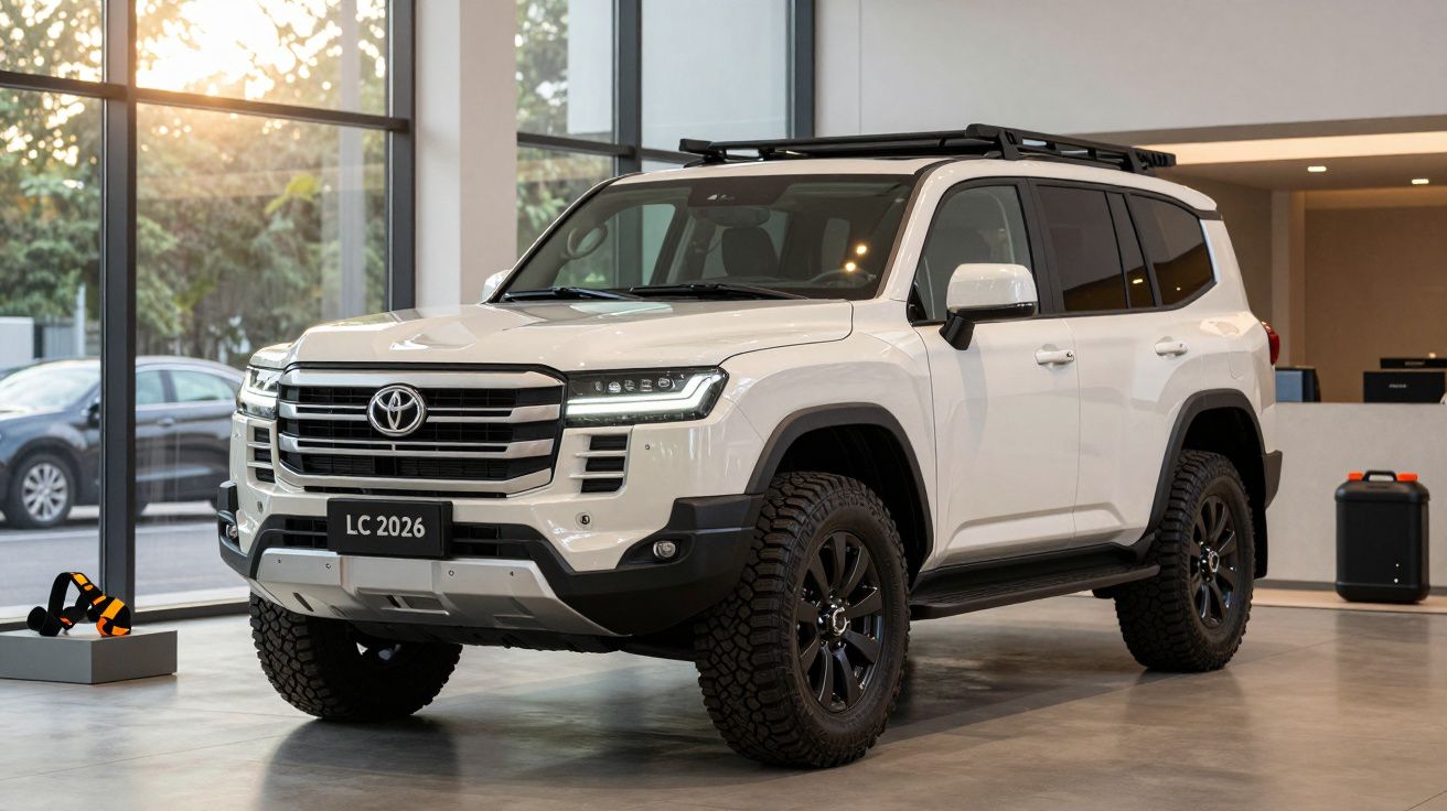 White SUV with a roof rack parked inside a showroom, sunlight streaming through large windows.