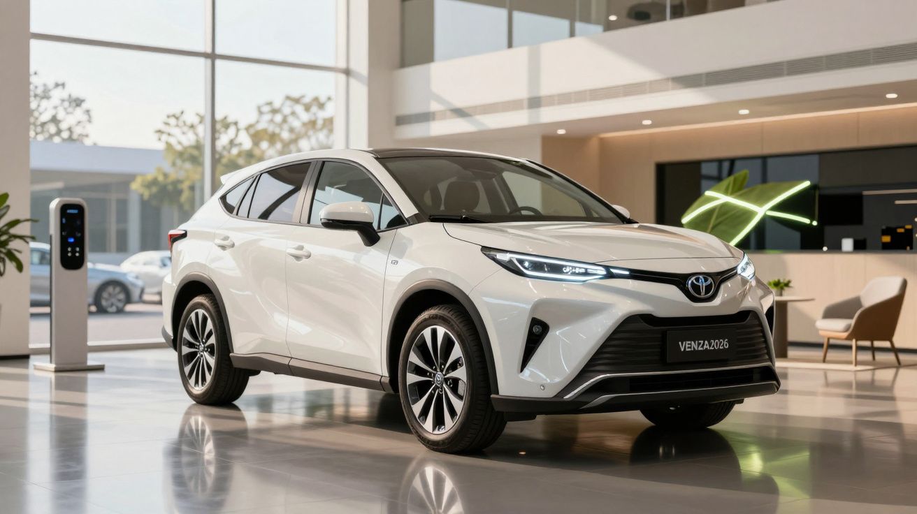 White SUV displayed in modern showroom with large windows and electric charging station.